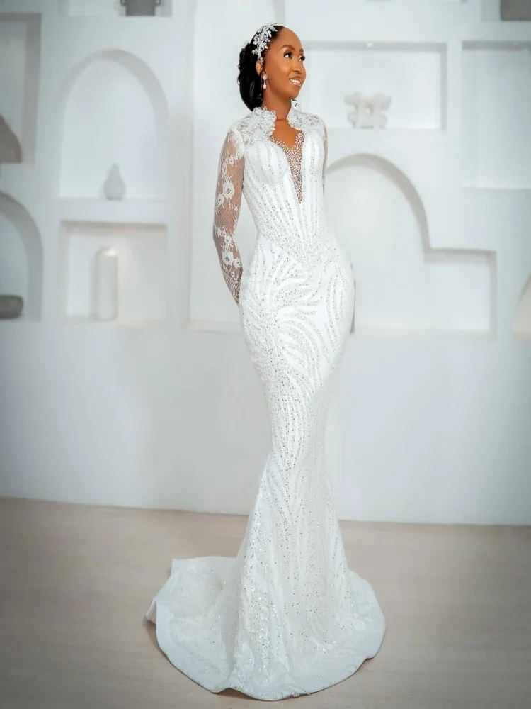 Robe de mariée de luxe à col haut, personnalisée, brillante, perles lourdes, paillettes, manches longues, traîne détachable