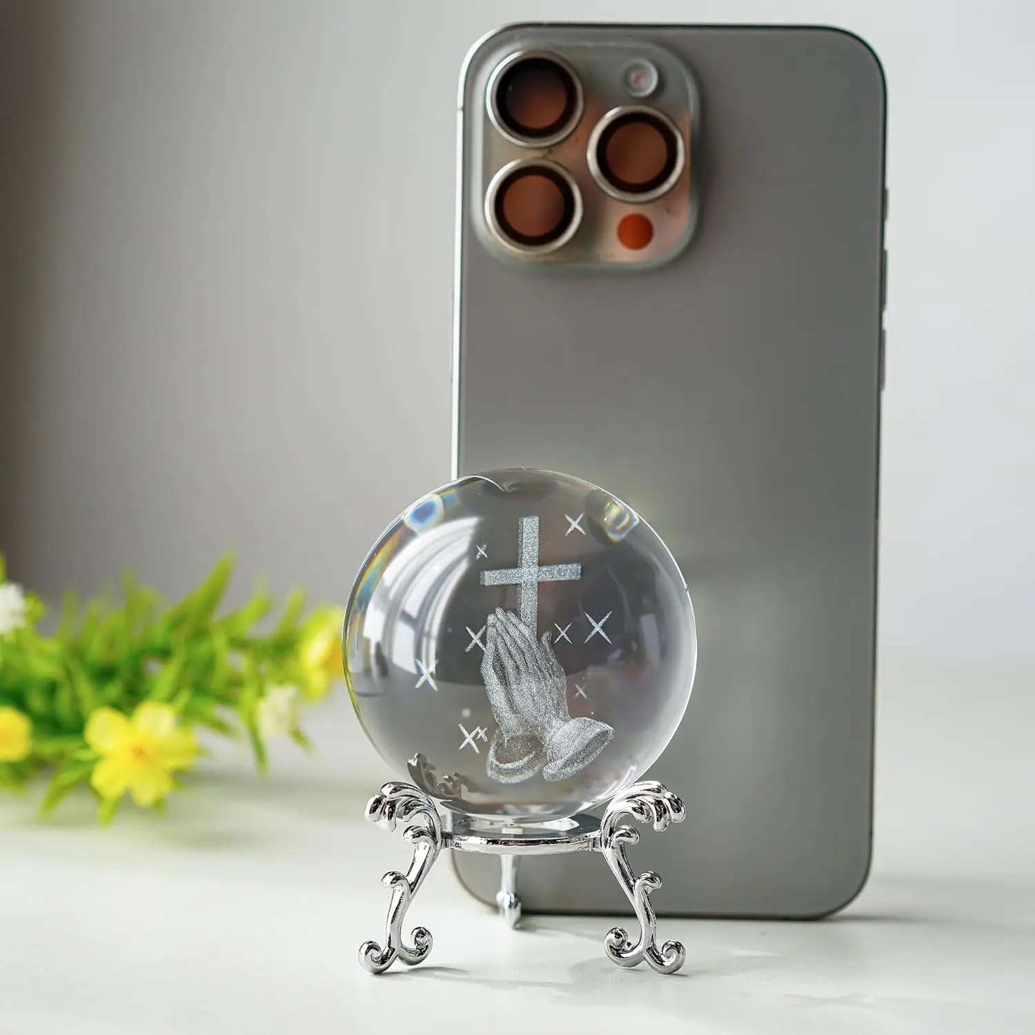 60mm Hand Holding Cross Crystal Ball with Metal Stand Christian Collectible Decoration for Home Office Praying Religious Gifts