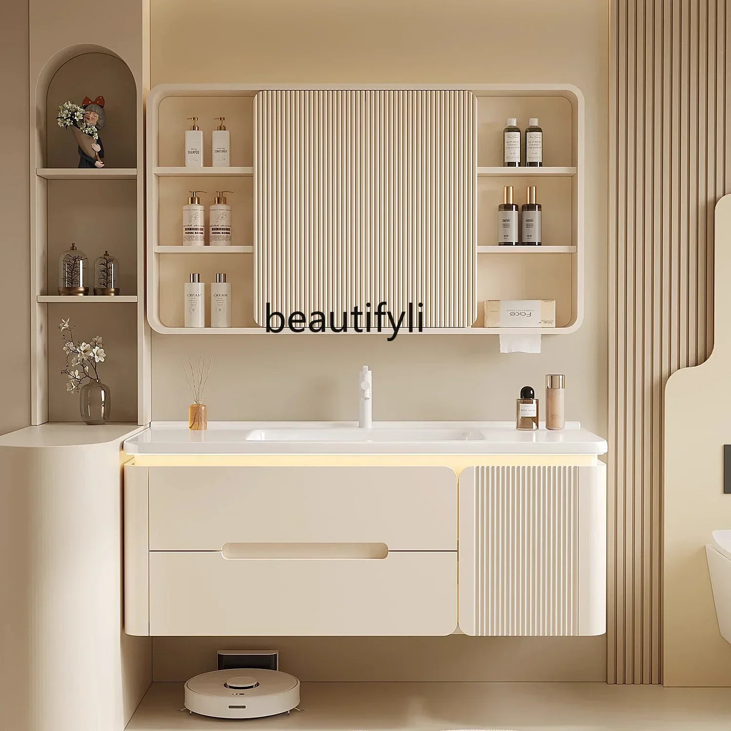 

Ceramic integrated basin bathroom cabinet combination Cream wind, washbasin basin bathroom cabinet combination
