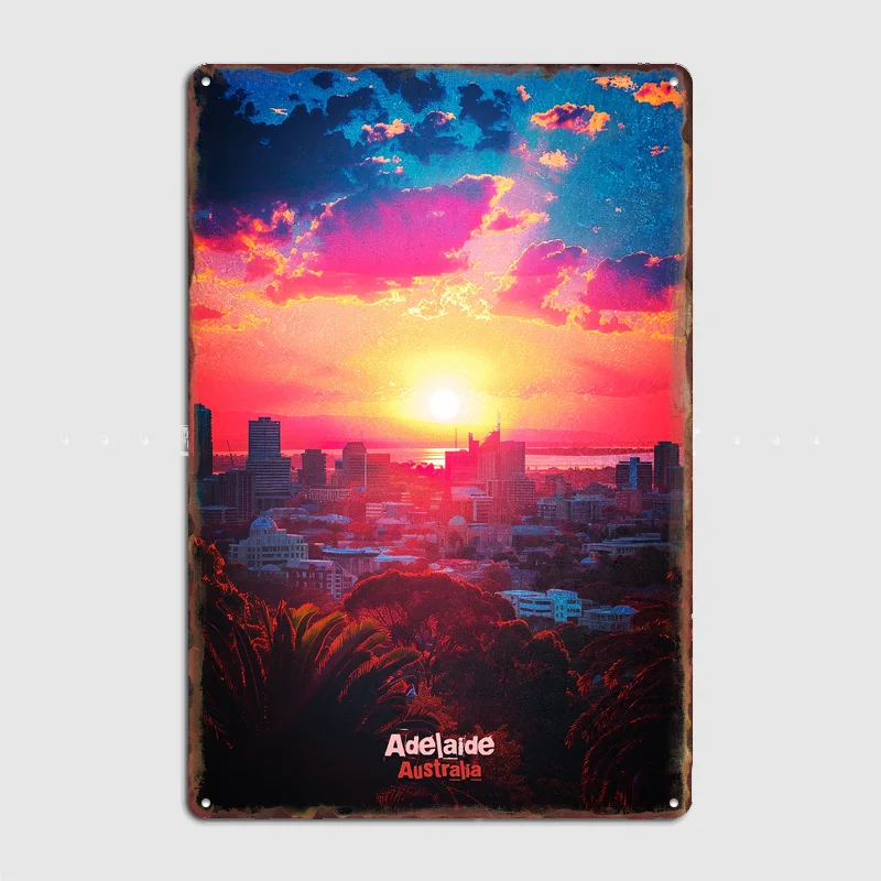 

Vibrant Sunset Over Adelaide Cityscape Travel Scenery Retro Poster Metal Sign Club Indoor Room Wall Decor Custom Home Decor