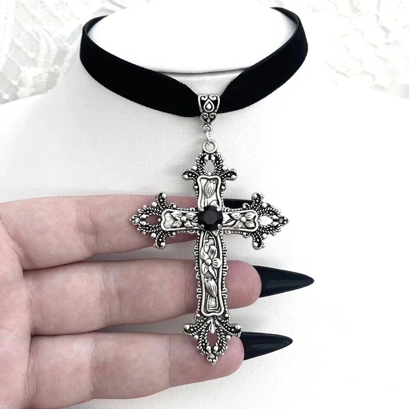 Vintage Gothic Large Cross Black Velvet Choker Ornate Cross Black Velvet Grunge Choker Gift for Her