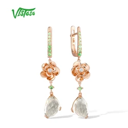 VISTOSO Pure 14K 585 Rose Gold Flower Earrings For Women Sparkling Diamond Green Amethyst Garnet Party Anniversary Fine Jewelry