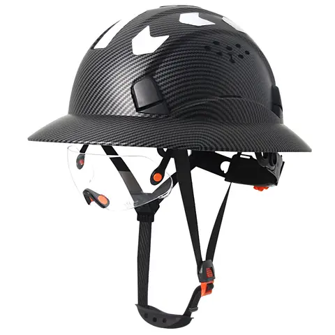 CE Carbon Fiber Full Brim Safety Helmet W/ Goggles Reflective Stickers ANSI HDPE Hard Hat Construction Engineer Work Cap New