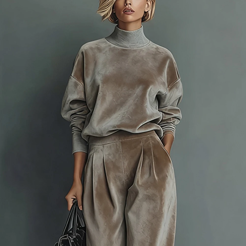 

Women's Elegant High Neck Velvet Pullover Two-Piece Set Long Sleeve Keep Warm Winter Casual Top With Straight-leg Trousers Sets