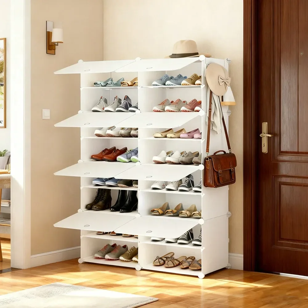 

Rack Organizer With Door, 32 Pairs Shoe Storage Cabinet Easy Assembly, Plastic Adjustable Shoe Organizer Stackable Detachable F