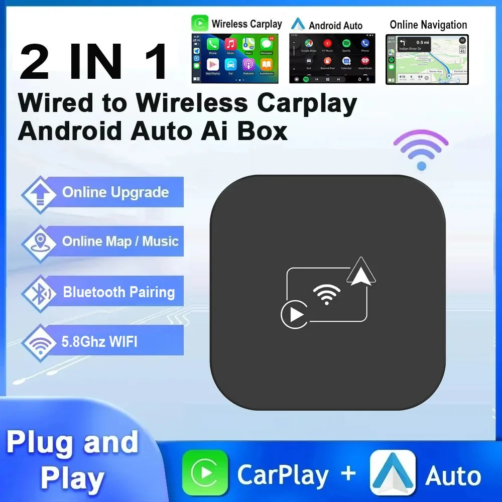 Wired To Wireless Carplay Box Android Auto Adapter 2 in 1 Plug And Play USB/Type C Dongle Bluetooth WiFi Connect OTA Uppdated