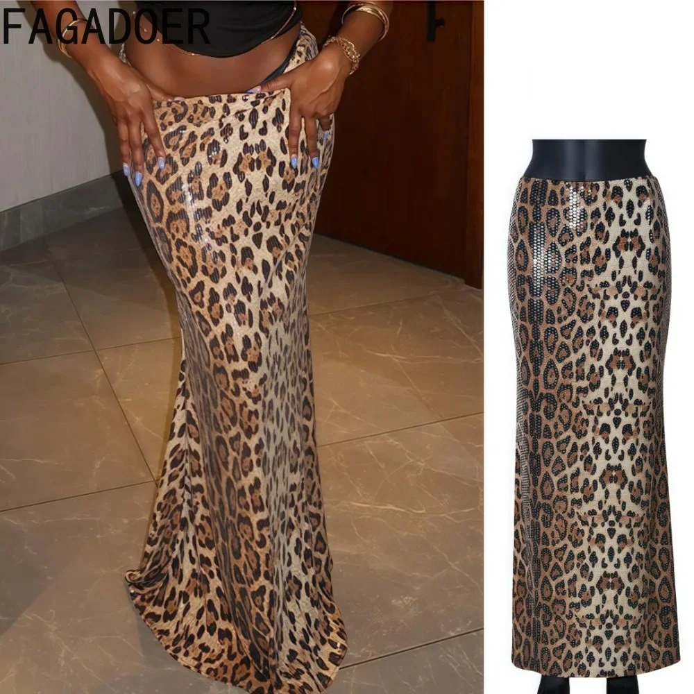 

FAGADOER Sexy Sequins Leopard Print Long Skirts For Women 2025 New Fashion Sparkling Bodycon Skirt Female Y2K Streetwear Bottoms