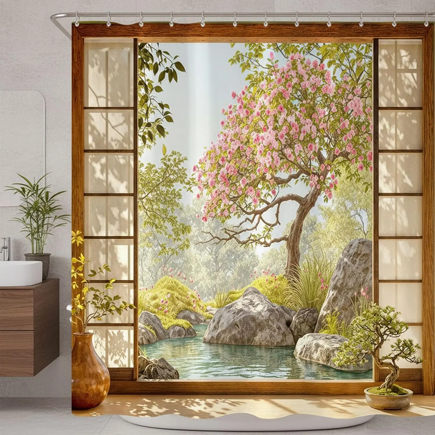 Lifeel Japanese Zen Garden Shower Curtain, Sakura Rock Pond Oriental Peaceful Scenery Bathroom, 72x72 inch