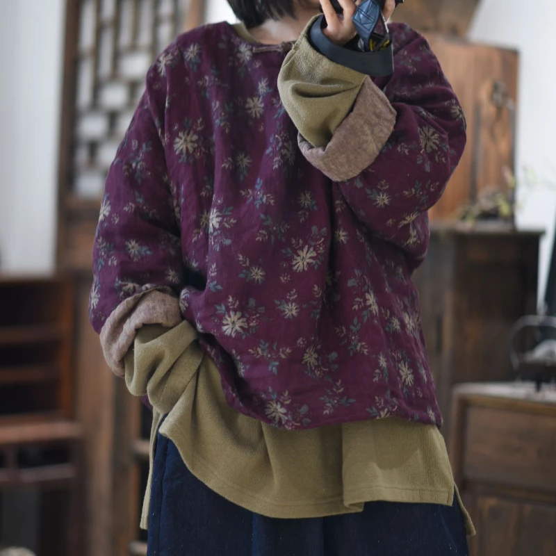 

Women Floral Printed 2025 New Handmade Korean Style Coat Thickened Padded Jacket Women's Winter Ramie Vintage Parka Pullover