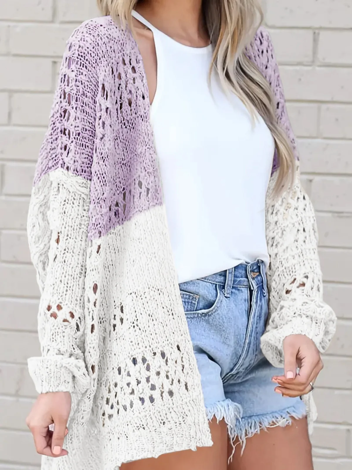 Color Block Open Front Cut Out Cardigan Boho Long Sleeve Sweaters Women Fashion Autumn Women Clothing Casual Loose Streetwear