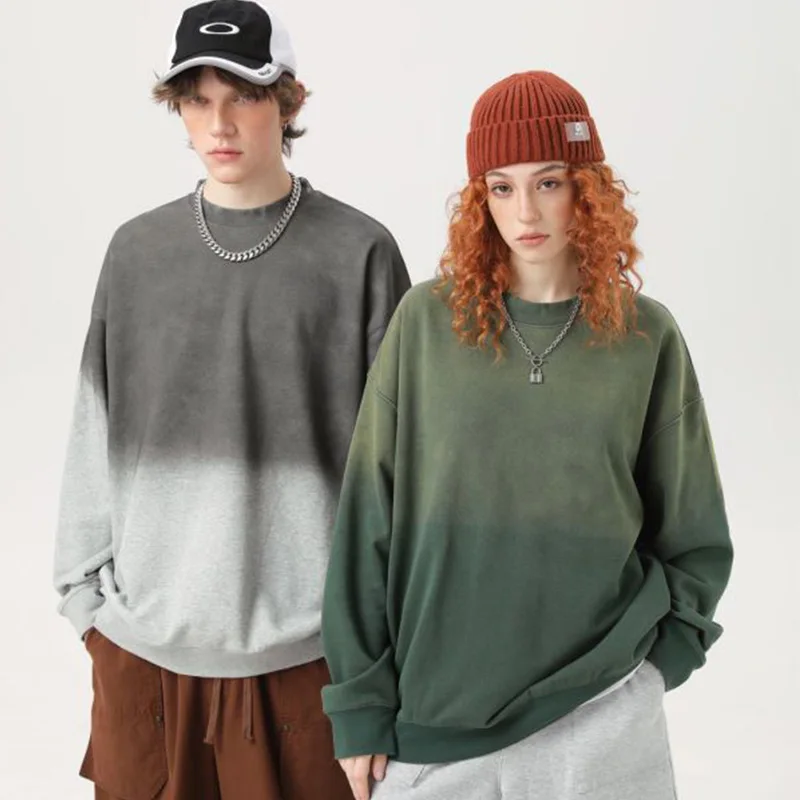 

370g Batick Washed Oversized Crew Neck Hoodies Unisex Brand Quality Heavy Cotton Sweatshirts Hip Hop Gradient Solid Casual Tops