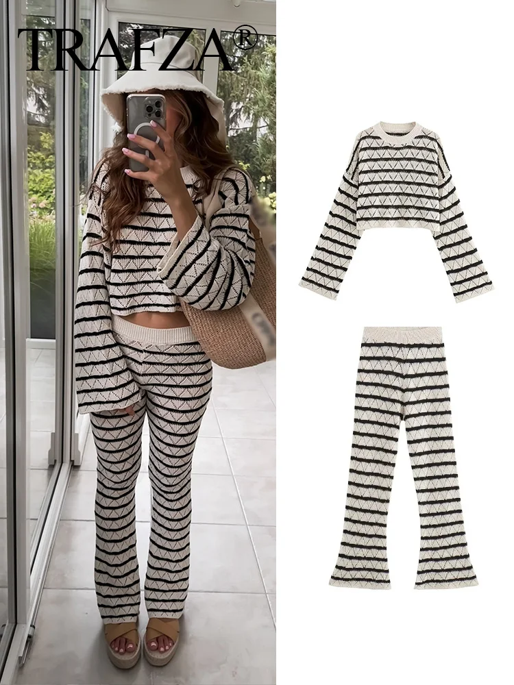 TRAFZA 2024 Women Striped Pants Set Seluar Bootcut Pants+Long Sleeves Pullover Knitted Sweater Texture Hollow Autumn Casual Suit