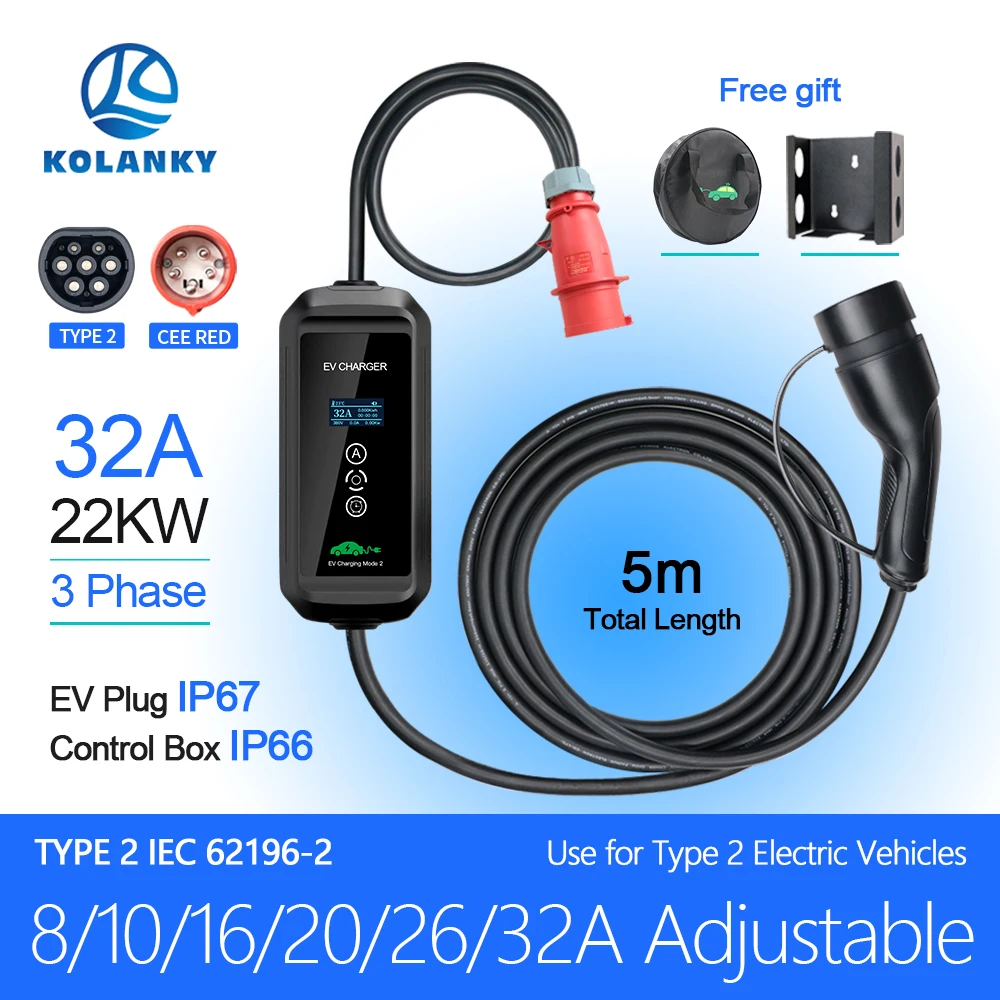 

Kolanky 32A 22KW Portable EV Charger Adjust Current Timer IEC-62169 Type 2 Plug Charging EU Electric Vehicle Hybrid PHEV Car 5M