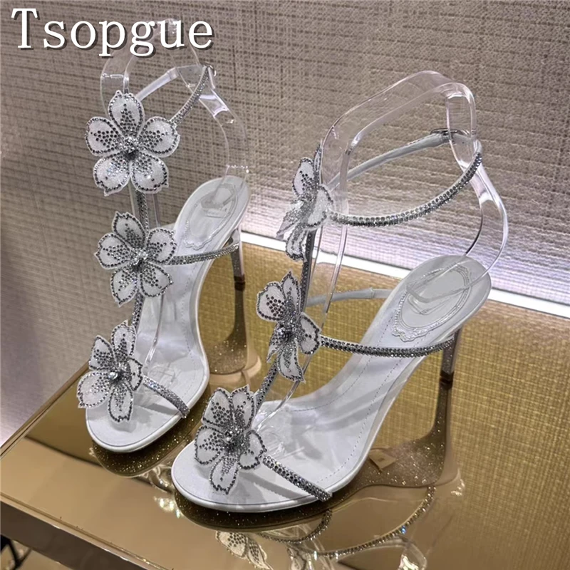

Bling Crystal Chain Flower Sandals for Women Summer New Fairy Style Open Toed High Heels Luxury Party Wedding Stiletto Shoes