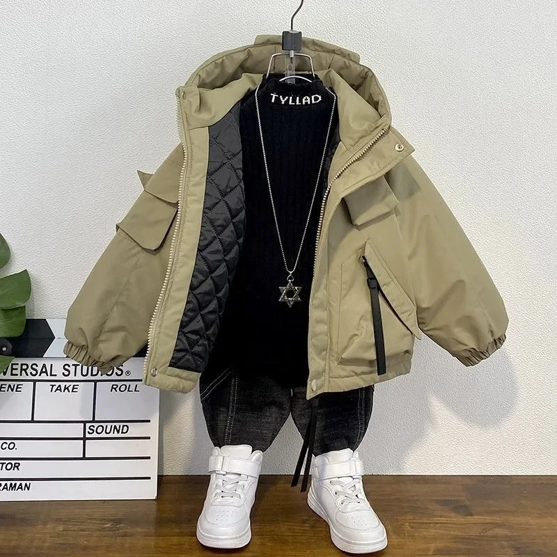 

2025 New Winter Boys' Thick Filled Jacket, Warm & Stylish Kids' Winter Coat with Hood Thickened Cotton Parka Winter Clothing