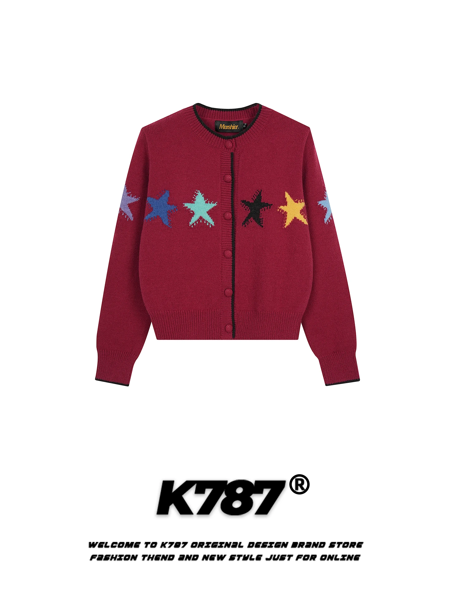 

Американский ретро-кардиган с круглым вырезом, свободный, красный, на Новый год, повседневный, короткий, вязаный жакет, удобный крой