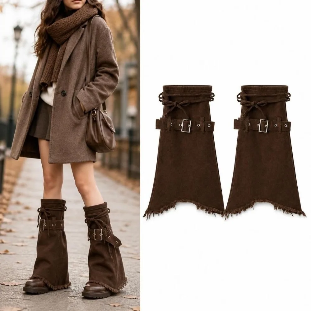 Washed Denim Denim Leg Warmers Adjustable Buckle Frayed Flared Leg Warmers Strap Closure Bell Bottom Leg Warmers For Women
