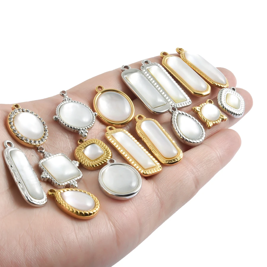 3 Stück gold/silberfarbene PVD-Metallanhänger, weiße Muschel, Edelstahl-Anhänger für Schmuckherstellung, Strass-DIY-Anhänger – Detail 2