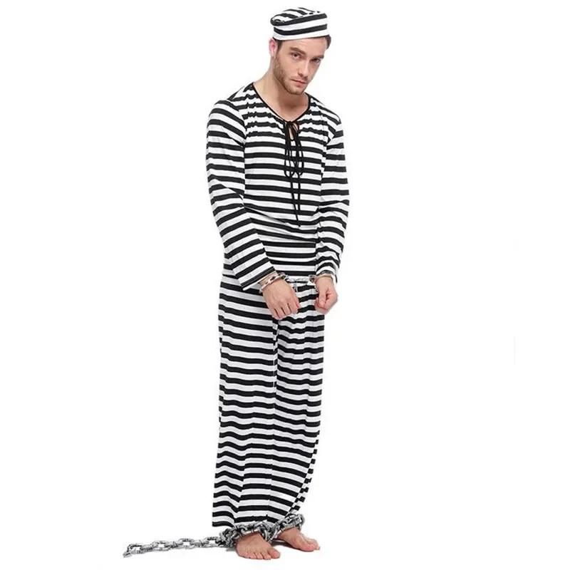 Mens Prisoner Costume Adult Halloween Costume for Men Black and White Stripes Prison School Party Fancy Costume