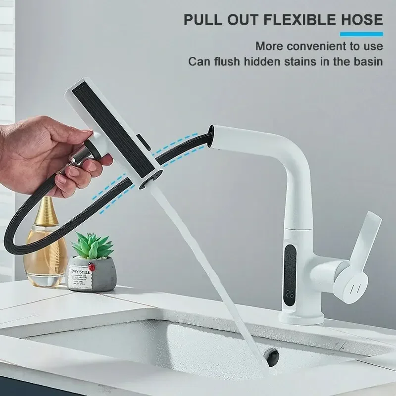 Temperature Digital Display Basin Faucet For Bathroom Pull Out Waterfall Stream 3 Way Sprayer Hot Cold Water Sink Mixer Wash Tap