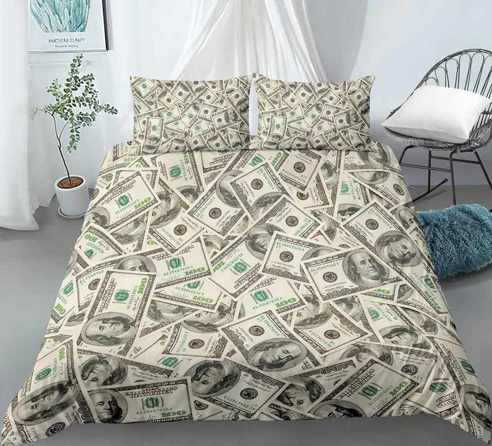 3D Modern Bedding Set Dollar Motif Printed Duvet Cover Vivid Comforter Cover 2/3 Pieces Money Maths Pattern Funny Soft Bed Set