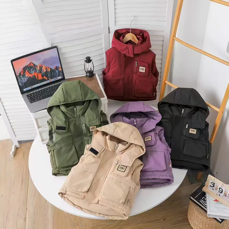 Winter Children Hooded Wasitcoat Cotton Padded Sticker Zipper Kids Boys Down Vests Kids Casual Young Teenager Boy Outerwear Coat