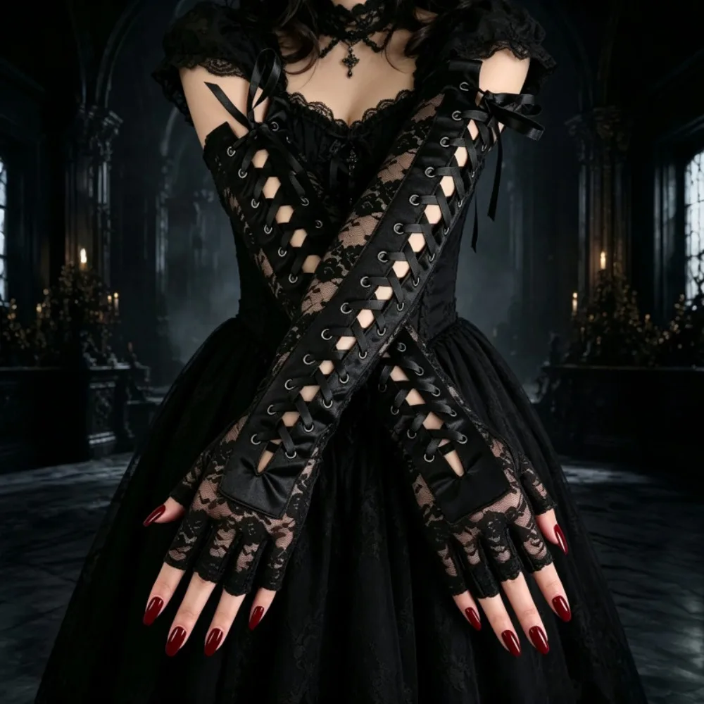 Fashion Fingerless Fishing Net Party Gothic Lolita Ribbon Fingered Women's Sexy Lace Long Gloves Role Playing Stage Performance 2