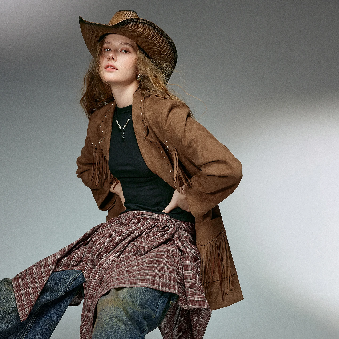 TOYOUTH Frauen Blazer 2025, Herbst Neue Retro Nomadic Stil Wildleder Quaste Perle Oversize Dame Anzug