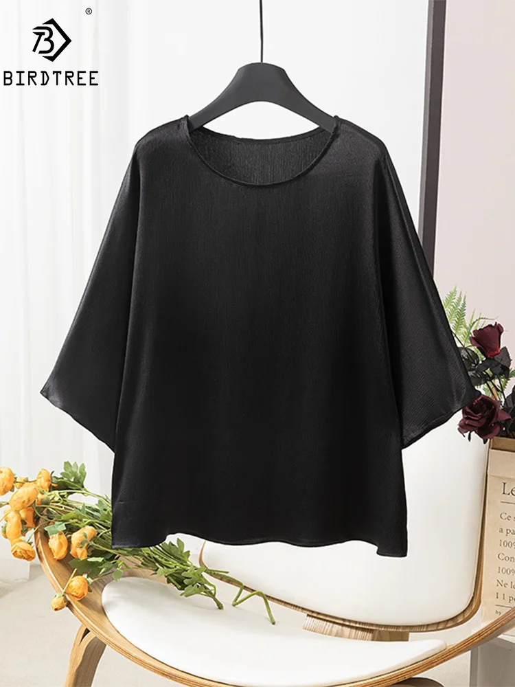 

BirdTree, 93%Natural Silk Elegant T-Shirt, Women Batwing Sleeve Solid, Vintage Loose Blouses, 2024 Summer Autumn Tops T465106QM