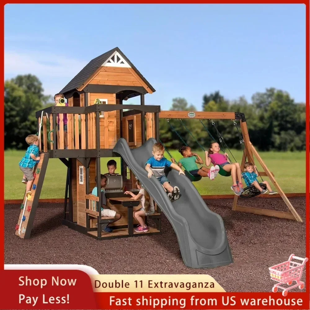 All Cedar Wood Swing Set w/Grey Wave Slide,Children's outdoor sports swing set Playhouse w/Grill,Free shipping