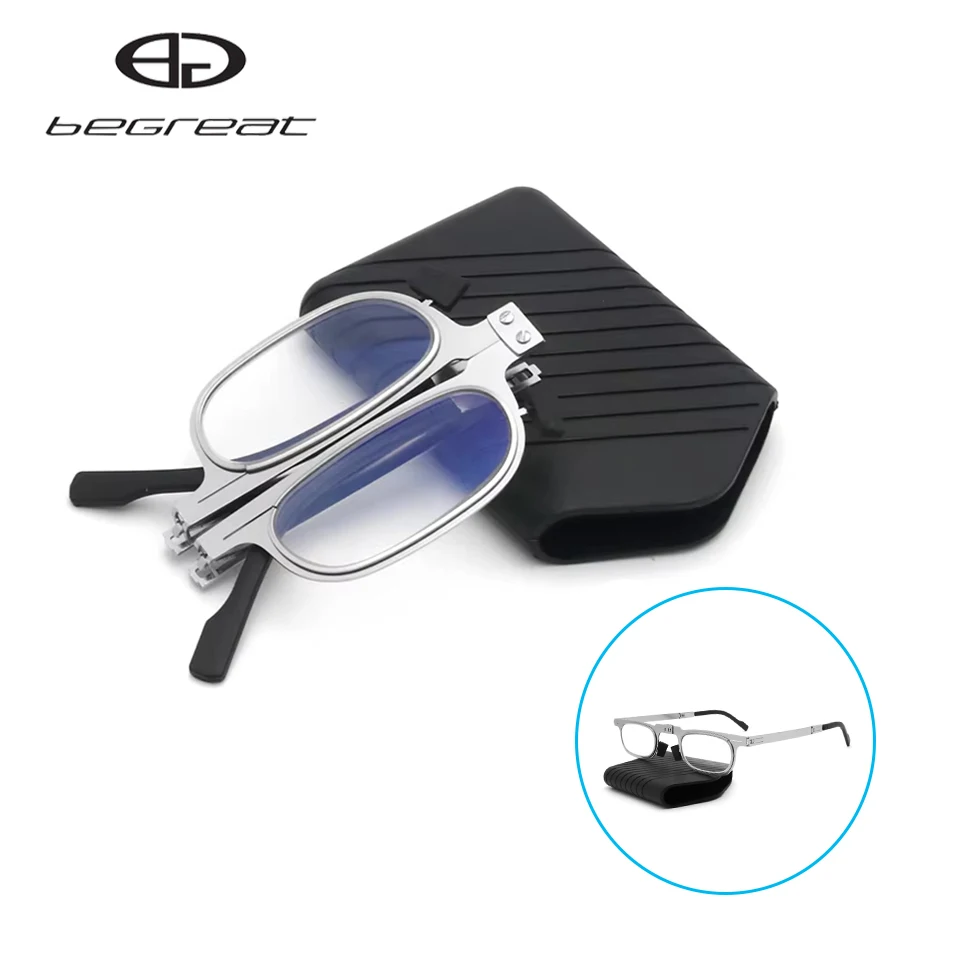 

BEGREAT Blue Light Blocking Ultra Light Foldable Reading Glasses Stainless Steel Frame with Protective Case