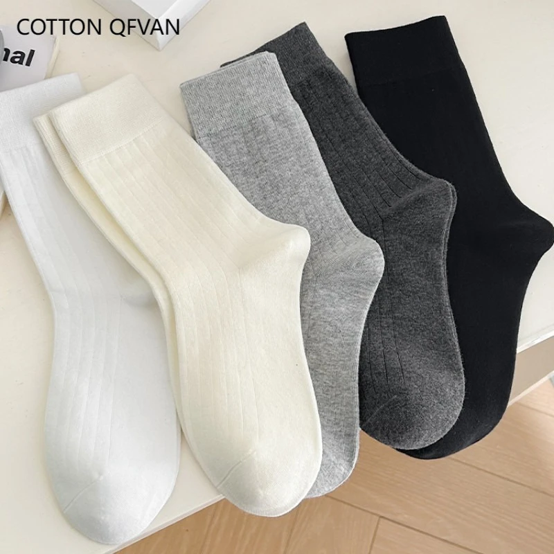

Solid Color Elastic Vertical Stripes Cotton Long Socks Women Korean Fashion Streetwears JK School Girls Soft Breathable Socks