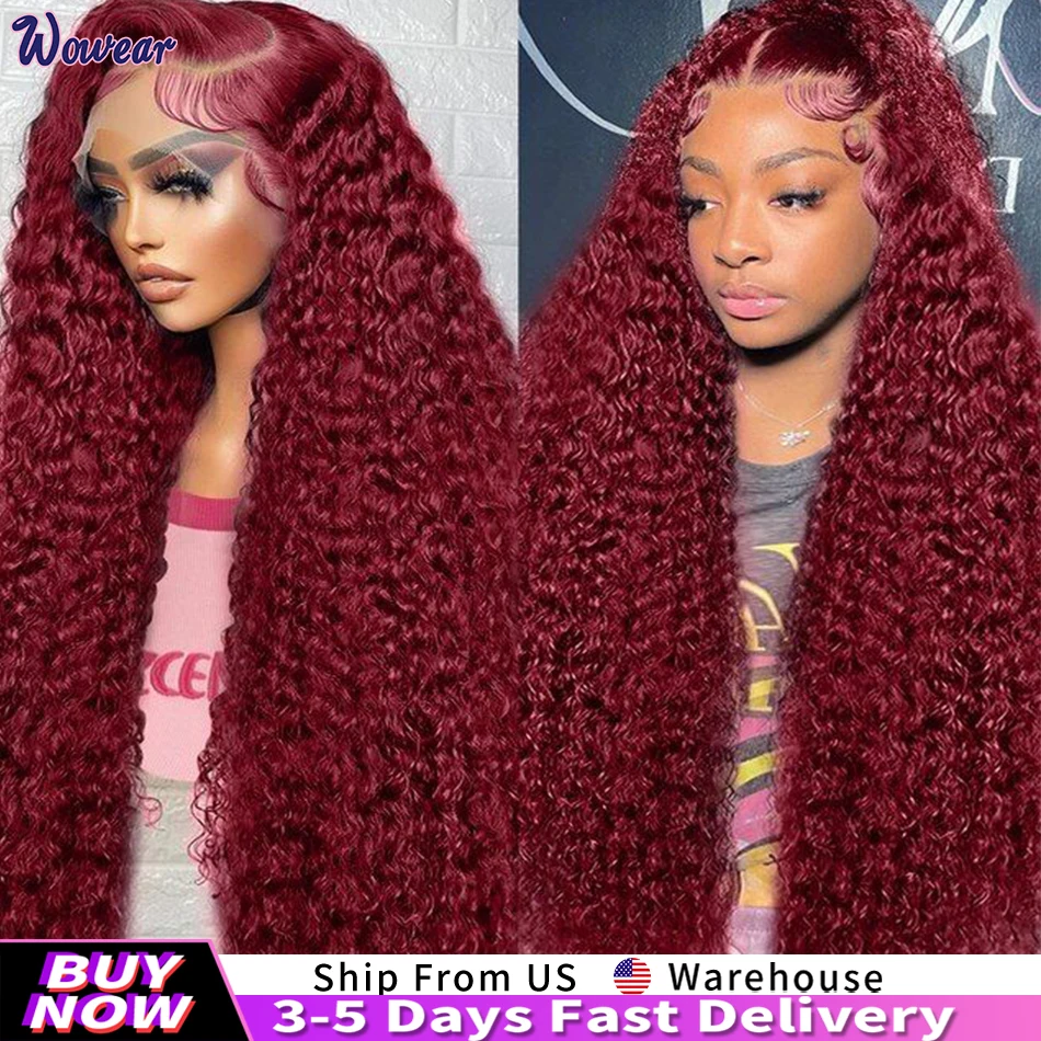 200 Density Burgundy 13x6 HD Lace Frontal Human Hair Wig Deep Wave Curly wig 13x4 Lace Front Human Hair Wigs For Women 99J Color