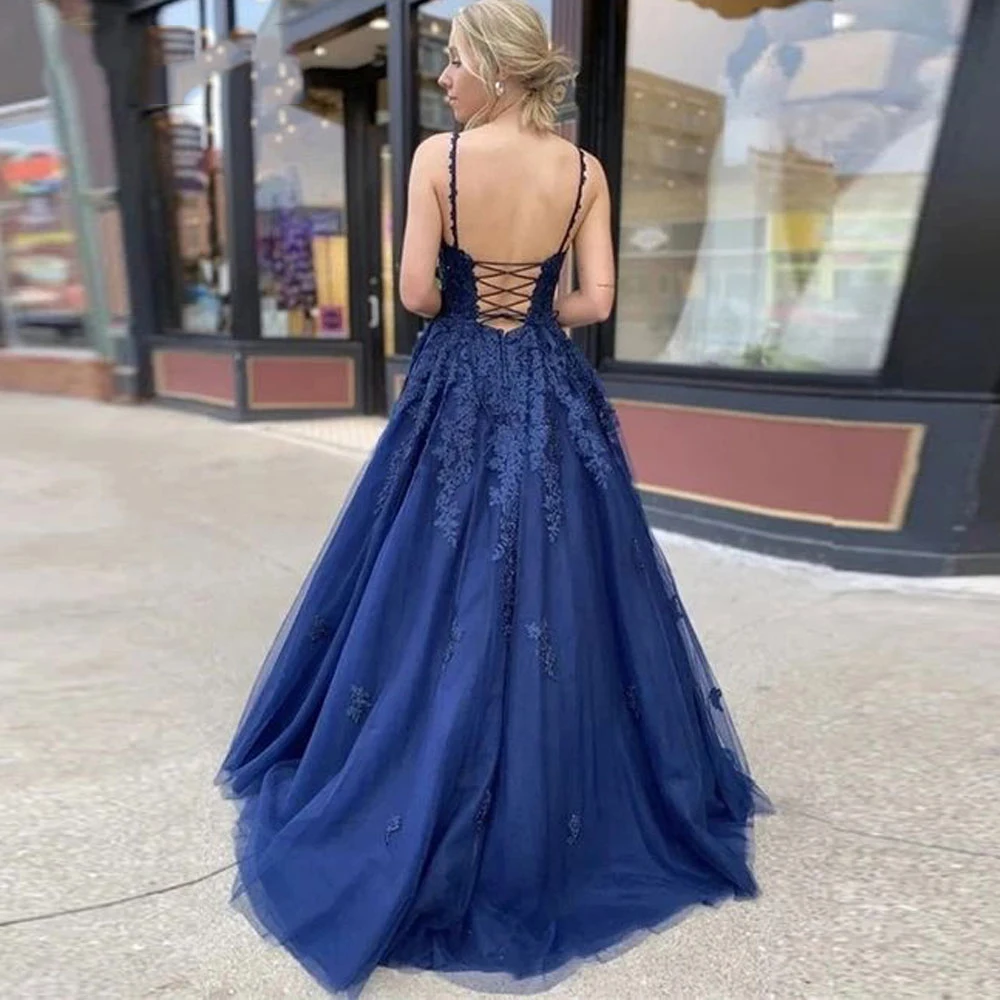 Lace Navy Blue V-neck Vestidos De Fiesta De Noche Prom Party Evening Dresses Robe De Soiree Gown Frock Long Soft Tulle Lace-up