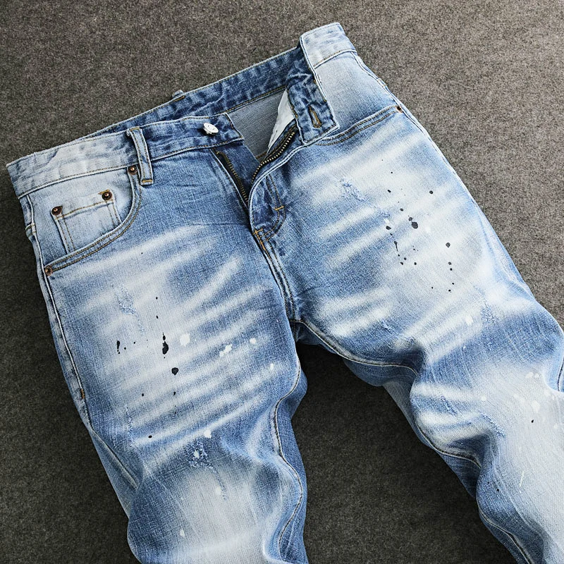 High Street Designer Fashion Men Jeans Retro Light Blue Stretch Slim Fit Painted Ripped Jeans Men Hip Hop Vintage Denim Pants