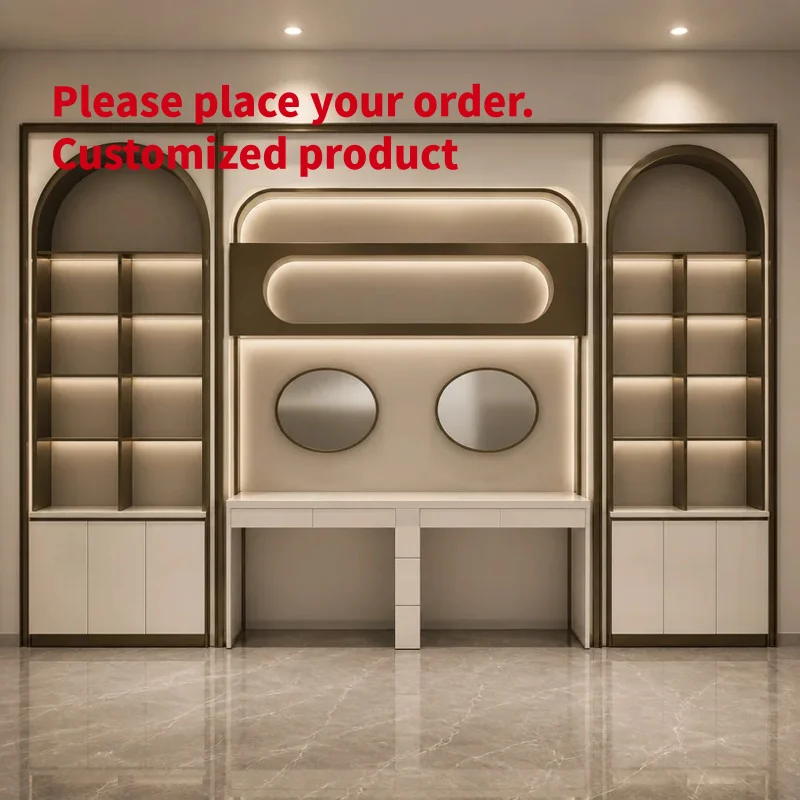 custom.Luxury Arched Display Wall Unit LED Backlit Shelves Vanity Desk White Champagne Gold Boutique Shopfitting Jewelry S