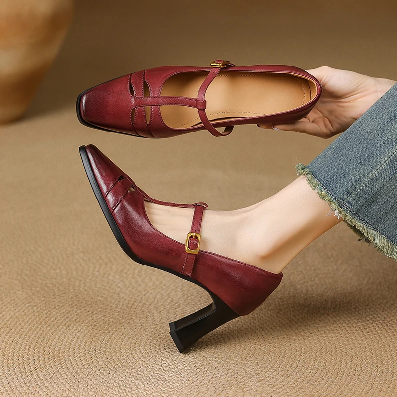 

Genuine Leather Mary Jane Pumps Women Square Toe Chunky Heel Perforated T-Bar High Heel Dress Shoes