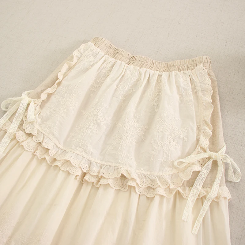 Japanese Sweet Lolita Mori Girl Hollow Out Embroidery Bandage Patchwork Skirts Women Spring Casual Loose A-Line Cotton Skirts