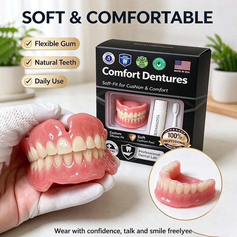Instant Smile False Teeth Kit, Moldable Silicone Upper & Lower Dentures, Natural Ivory Veneers with Toothbrush JJ3574