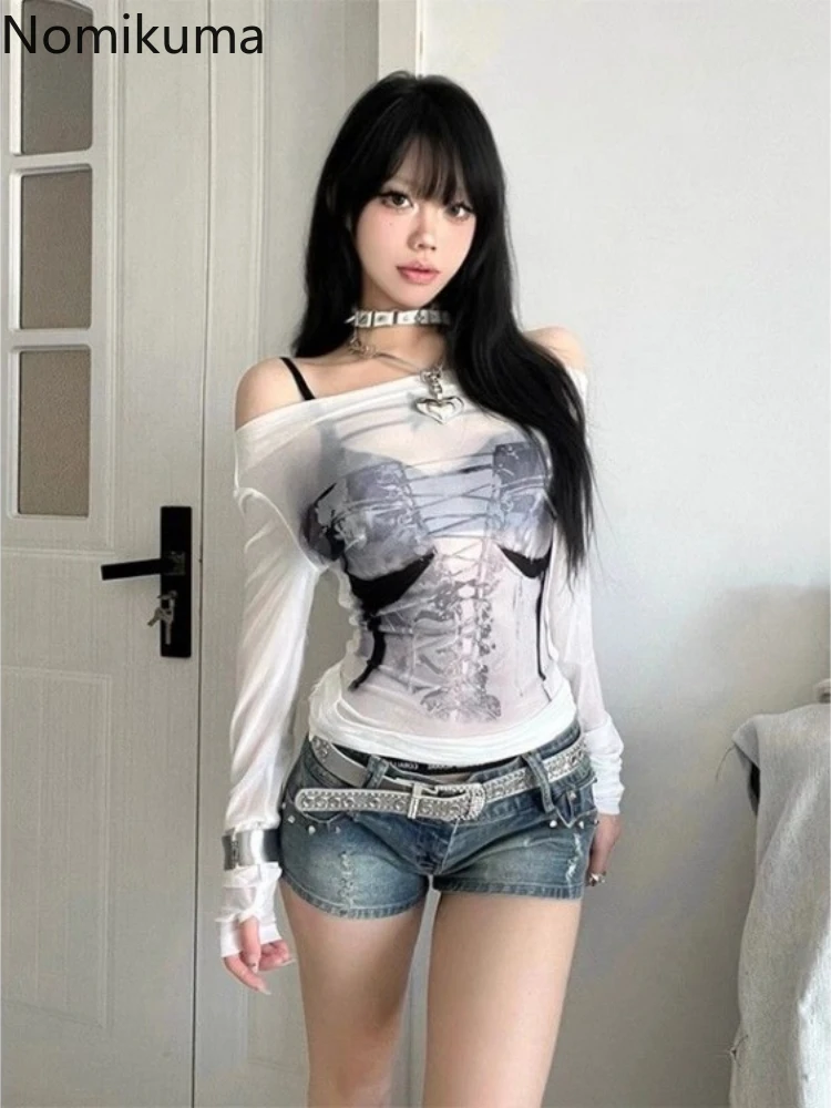 Y2k Tshirts for Women Long Sleeve Print Summer Tees 2024 Ropa Mujer Slash Neck Fashion Sexy T Shirts See Through Korean T Shirt