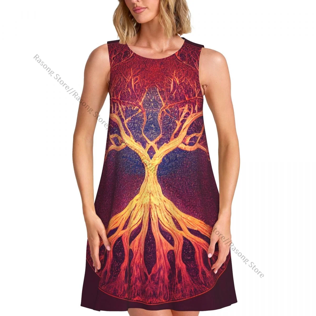 Women's Dress Summer Casual T Shirt Dresses Beach Cover up Tree Of Life Yggdrasil Tank Dress