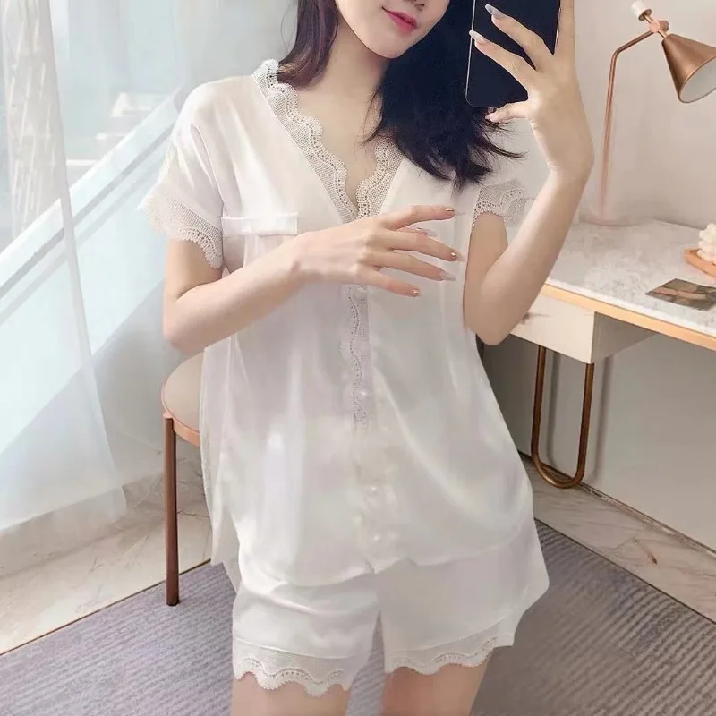 Pajama Women Summer Ice Silk Short Sleeve Shorts Thin Lace Simple White Large Size Can Wear Two Pieces Home Wear  Clothes Women