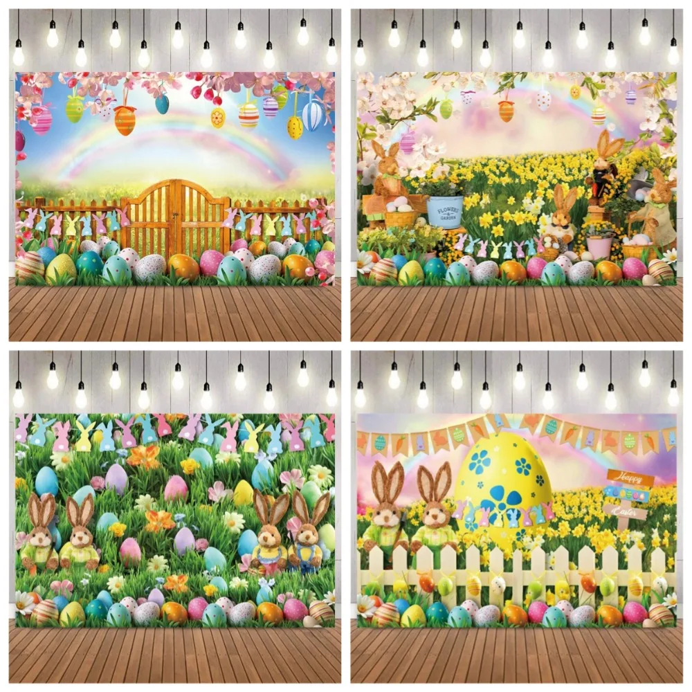 

Easter Rainbow Flower Fence Cute Rabbit Shooting Backdrop, Happy Spring Easter Egg Children's Family Portrait Shooting Backdrop