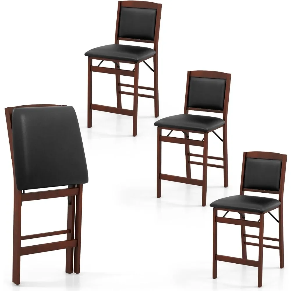 

A set of chairs with 4 counter heights, 24.5-inch foldable with rubber wooden legs, cushioned seats and backrests