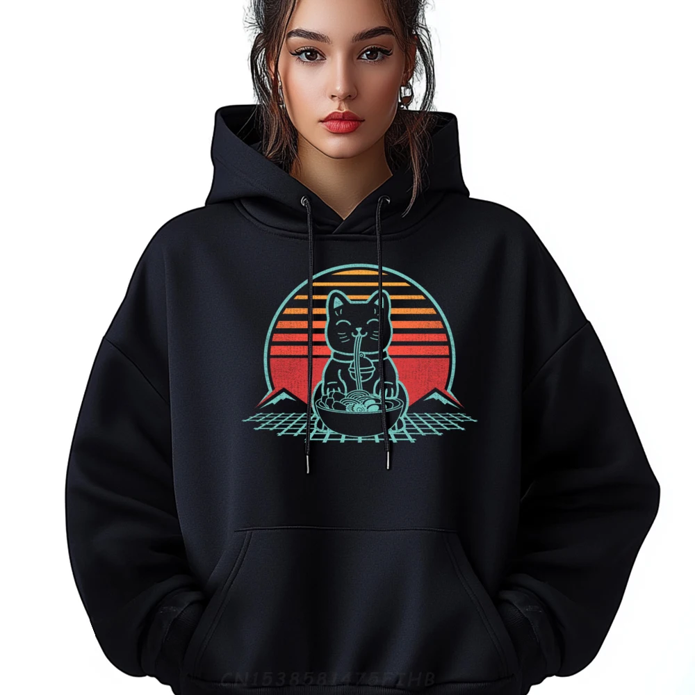 Ramen Cat Retro Japanese Noodles Aesthetic Kawaii Black Hoodie Camisetas Christmas Sweater Man Hooded Shirt