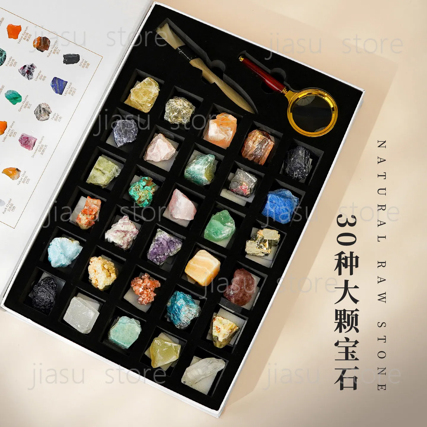 30 Kinds Natural Gemstone Crystal Rough Stone Gift Set, Agate Mineral Specimen Collection Decor Ornament