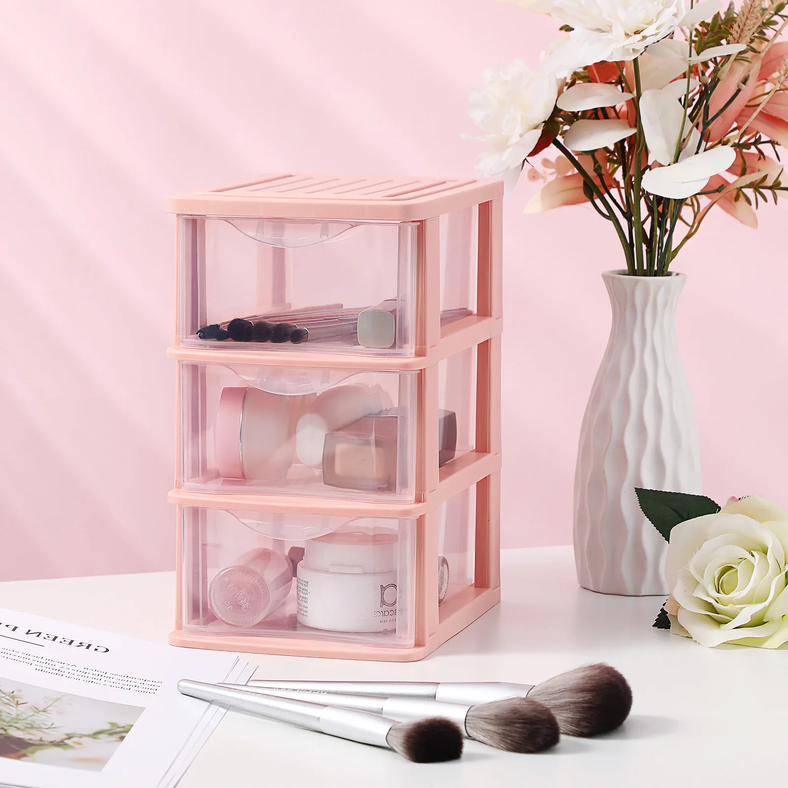 

1pc Plastic Drawer Storage Box 3 Layers Pink Transparent Dustproof Makeup Container Desk Organizer HOLDER