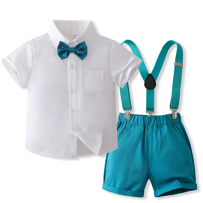 

Baby Boys Clothes Gentleman Suit Summer Short Sleeve Bow Shirt Tops+Suspenders Shorts 2Pcs Set Formal Boys Children Clothing