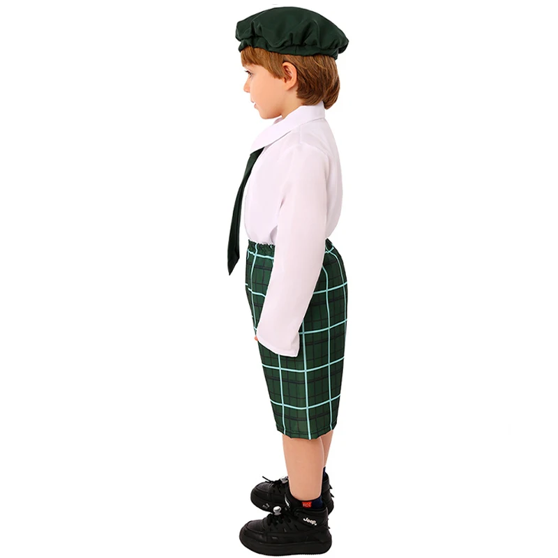 Conjunto de calças e chapéu de tartan infantil, fantasia de dia de São Patrício para menino verde, gravata