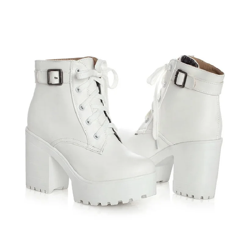 

European/american Foreign Trade Thick Sole High Heel Lace Up Belt Buckle Boots Fashion Large Size Women's Boots